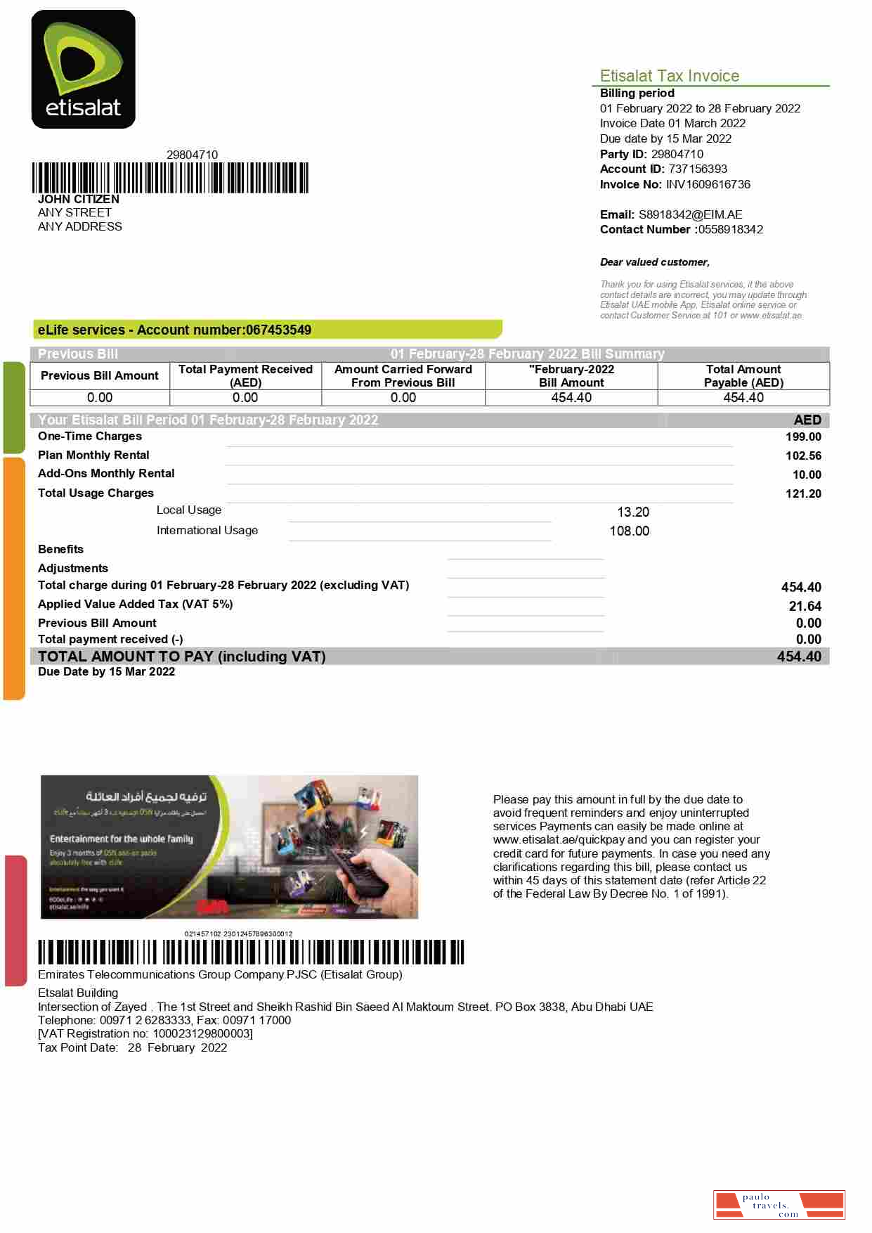 UAE Etisalat utility bill template in Word and PDF format